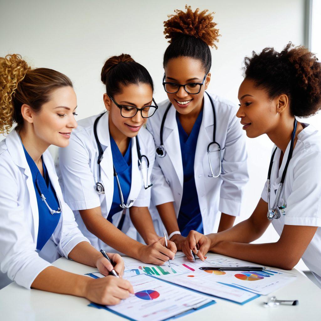A diverse group of female medical practitioners in a bright, modern clinic, confidently collaborating over a patient's care. Showcase them engaged in various activities, such as examining a patient, discussing medical charts, and sharing ideas. Include elements symbolizing women's health, like a stethoscope shaped as a heart and colorful medical charts. The atmosphere is warm and inviting, emphasizing empowerment and teamwork. super-realistic. vibrant colors. white background.