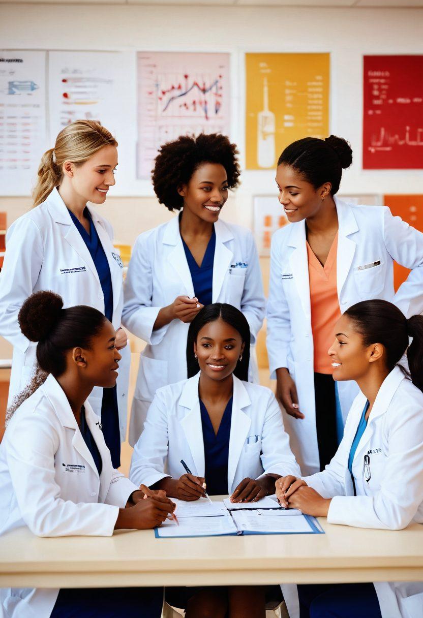 A group of diverse female doctors in white coats, compassionately interacting with women of various ages and backgrounds in a bright, welcoming clinic. Display medical tools and wellness charts in the background, symbolizing empowerment and support. Emphasize a warm color palette to evoke feelings of care and trust. super-realistic. vibrant colors. 3D.