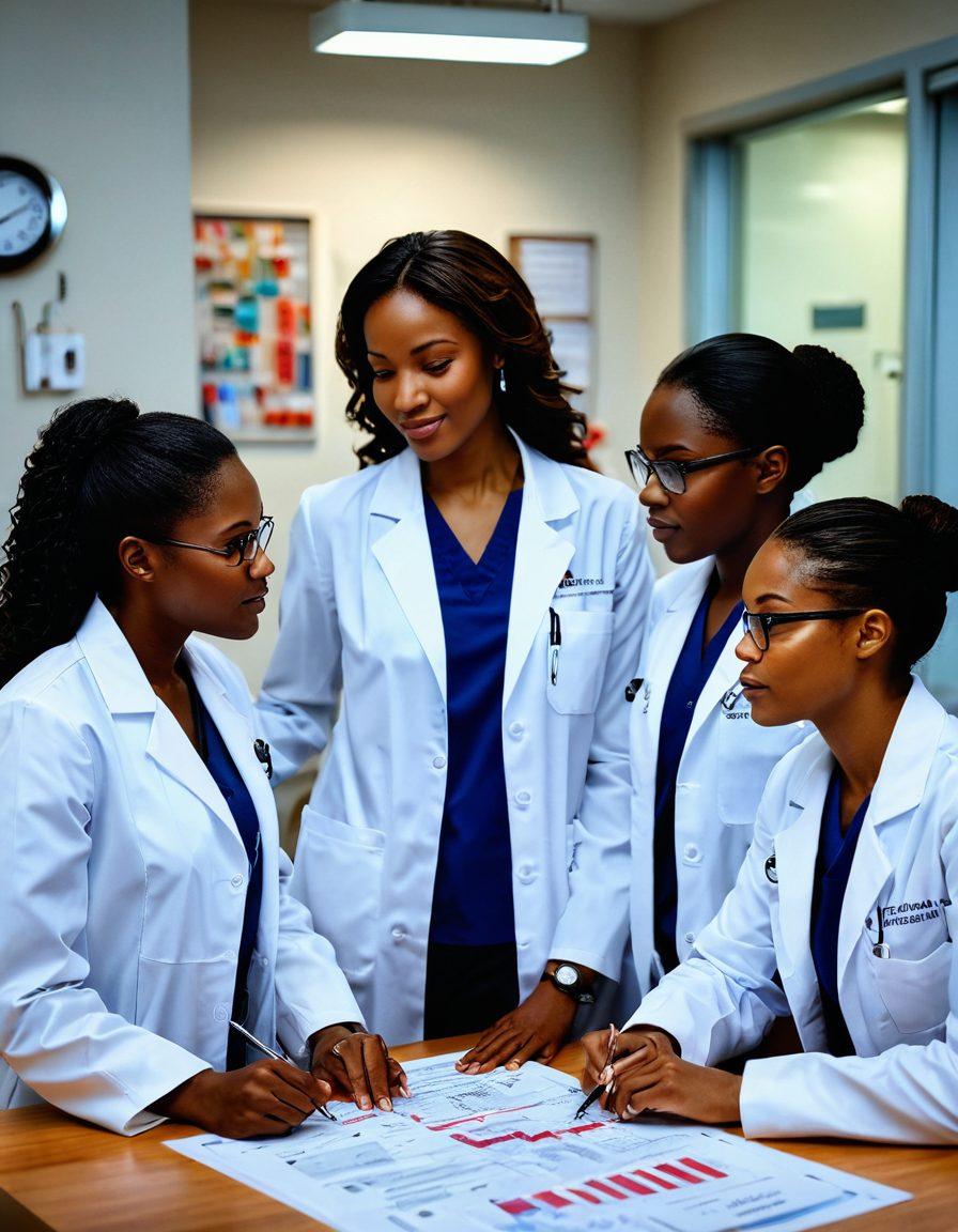 A powerful scene depicting diverse female physicians in a modern healthcare setting, actively collaborating and discussing over medical charts. The atmosphere is vibrant and inspiring, with medical technology in the background and warm lighting enhancing the sense of empowerment. They wear lab coats and stethoscopes, symbolizing strength and resilience in women's health. Include motivational quotes subtly incorporated into the design. super-realistic. vibrant colors. inspirational.